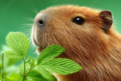 Adorable capybara with green leaf and gentle expression