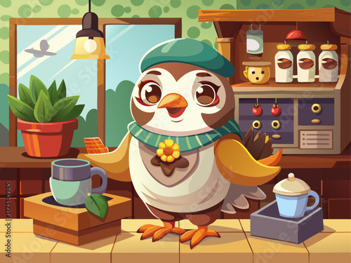 A cheerful sparrow wearing an apron serves coffee from a steaming cup, standing behind a café counter, exuding warmth, friendliness, and coziness, detailed vector illustration