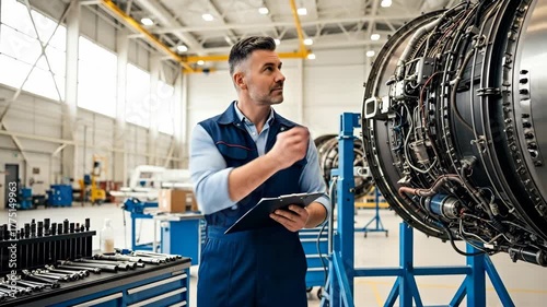 Aircraft Technician Analyzing Jet Engine Components in Workshop
