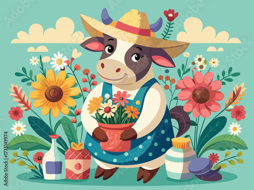 A gentle cow wearing a straw hat arranges a bouquet of colorful flowers, surrounded by petals and vases, radiating kindness, beauty, and charm, detailed vector illustration