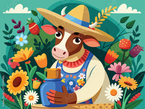 A gentle cow wearing a straw hat arranges a bouquet of colorful flowers, surrounded by petals and vases, radiating kindness, beauty, and charm, detailed vector illustration