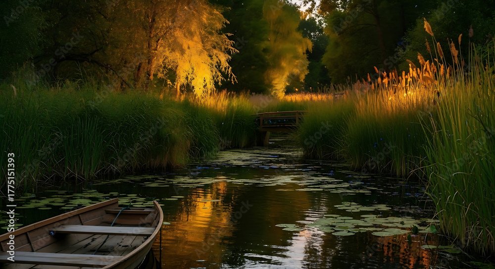 Fototapeta premium Peaceful river landscape with an old wooden boat during a warm, golden sunset