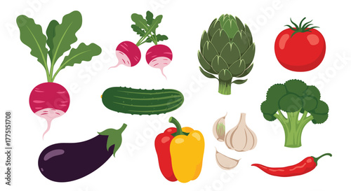 A vibrant collection of fresh, colorful vegetables including radishes, eggplant, bell peppers, artichoke, and broccoli, isolated on a clean white background.