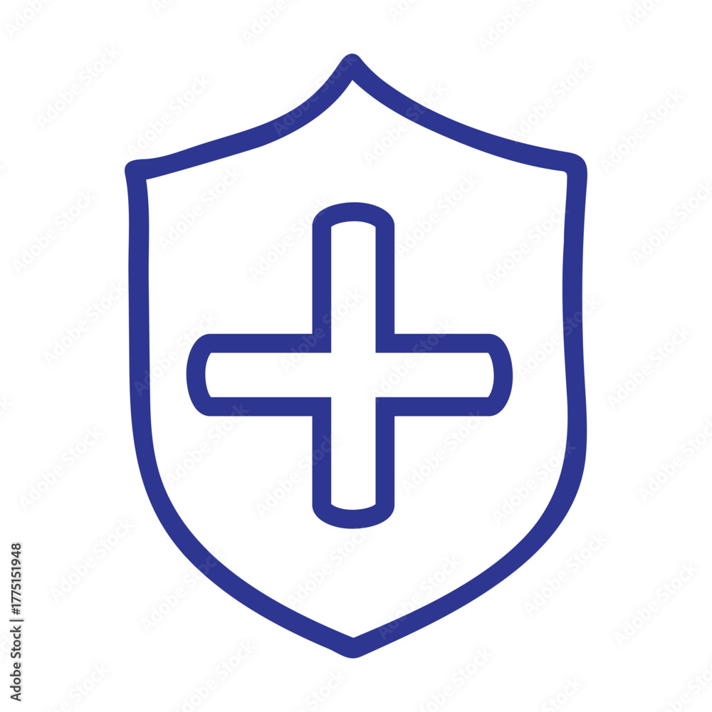 Fototapeta premium Blue shield with white plus sign, symbolizing health protection and medical safety.
