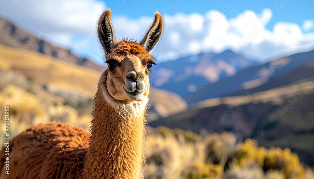 Obraz premium Close up Portrait of a Guanaco Standing in a Dry Mountainous Landscape on a Sunny Day