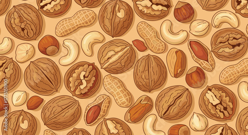 A charming seamless pattern featuring an assortment of delicious nuts, including walnuts, peanuts, cashews, hazelnuts, and almonds.