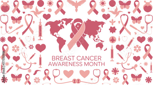 Breast Cancer Awareness Month Pink Ribbon, World Map, Hearts, Stethoscope, Syringes, Butterflies, and Flowers Pattern