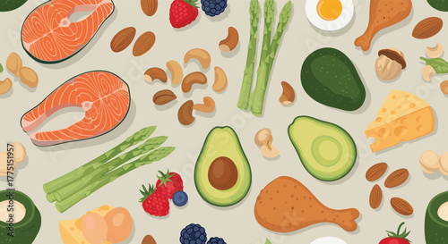 Seamless pattern of various healthy ingredients for a keto diet, including salmon, avocados, nuts, and vegetables, on a pale background.