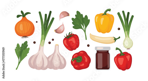 An assortment of fresh vegetables and aromatic spices, including colorful bell peppers, garlic, onions, and herbs, perfect for culinary preparations.
