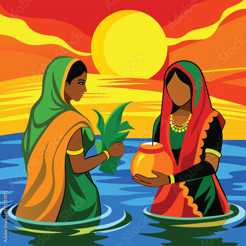 Two women in traditional indian attire performing karwa chauth ritual in water during sunset with sun in the background Adobe Illustrator Artwork