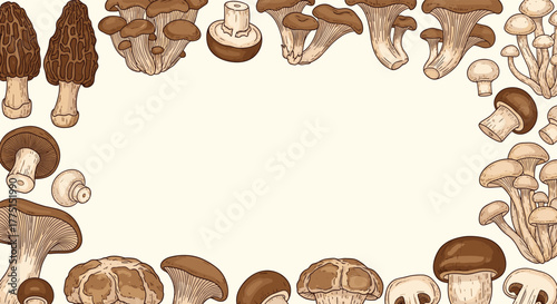 An illustrative border design featuring a diverse collection of edible mushrooms, showcasing various species in a vintage engraving style.
