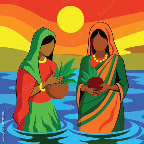 Two women in traditional indian attire performing a ritual in water during sunset, holding plants and offerings Adobe Illustrator Artwork
