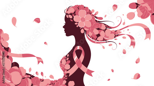 Breast Cancer Awareness Woman Profile Silhouette with Pink Flowers and Ribbon Illustration