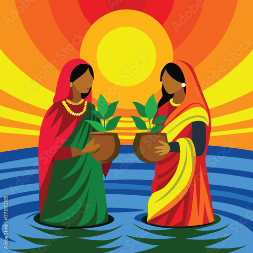 Two women in traditional indian attire holding potted plants in water during sunset, symbolizing a cultural ritual Adobe Illustrator Artwork