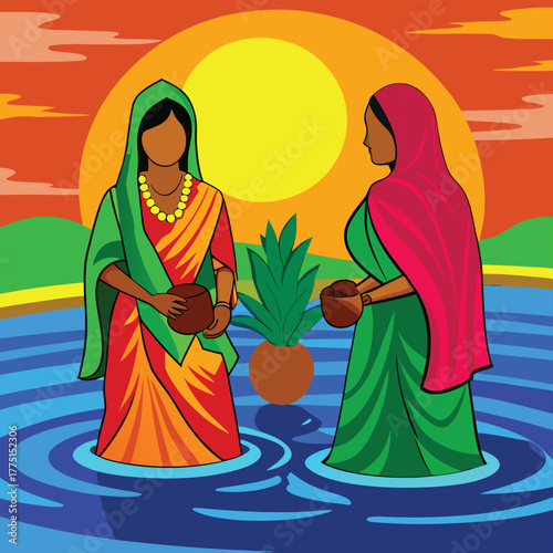 Two women in traditional indian attire performing a ritual with a potted plant in water during sunset Adobe Illustrator Artwork
