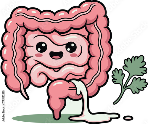 Cartoon Colon Illustration with a Smiling Face and a Sprig of Parsley Nearby