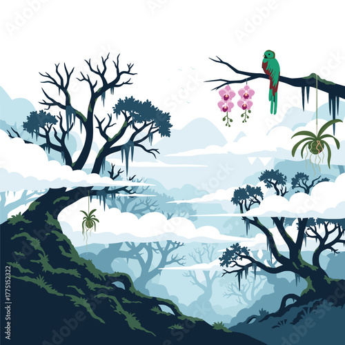 A vibrant quetzal bird perches among orchids and hanging plants in a serene cloud forest, featuring misty trees and layered clouds.