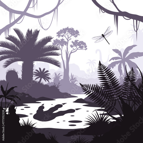 Prehistoric jungle landscape with a large dinosaur footprint in a river, a flying dragonfly, and distant dinosaurs.