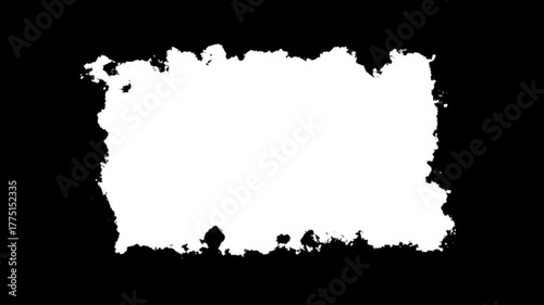 3D animation. Abstract ink splatter transition in black and white seamless loop. Turbulent painting blot spreading from the center in this contemporary reveal background, VFX overlay, alpha matte 4K