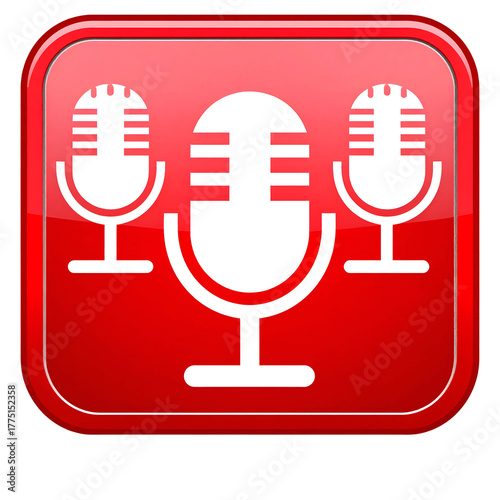 A shiny red square button with three white microphones