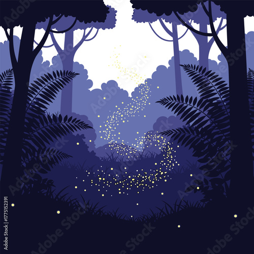 A magical night scene in a dark forest with glowing fireflies creating a path of light, evoking wonder and enchantment.