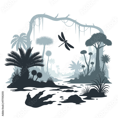 Dramatic silhouette of a prehistoric jungle with ancient plants, a large dinosaur footprint in the foreground, and a dragonfly flying above.