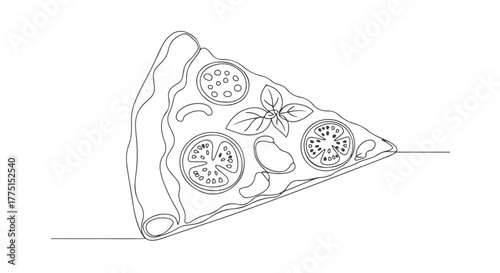 Stylized depiction of a delicious pizza slice created with a single continuous line art technique, perfect for modern design and food illustrations