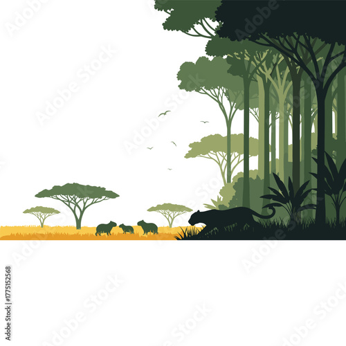 A serene landscape depicting a dense jungle meeting a vast savanna, with a predatory big cat stalking capybaras under a clear sky.