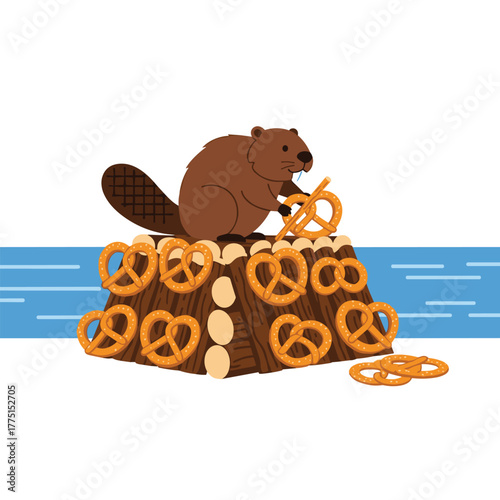 A cute cartoon beaver with a large flat tail is industriously building a dam made entirely out of salty pretzels in a blue body of water.