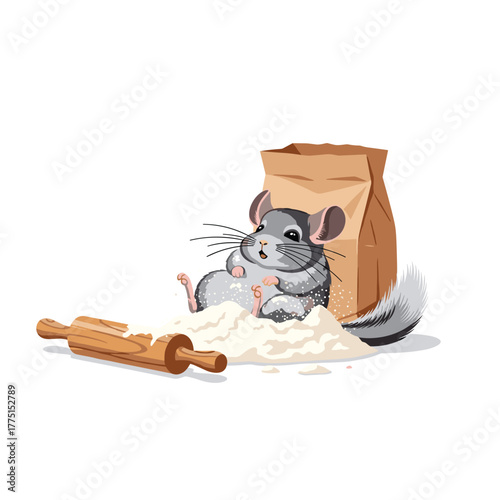 A playful chinchilla covered in flour sits happily next to a brown paper bag and a rolling pin, creating a charming baking scene.