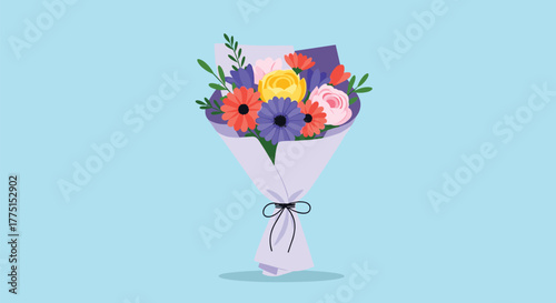 A vibrant and colorful bouquet of flowers, beautifully wrapped in paper and tied with a ribbon, set against a light blue background.
