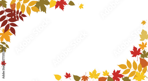 Colorful autumn leaves in various shapes and shades of red, orange, yellow, and brown create decorative borders on a clean white background.