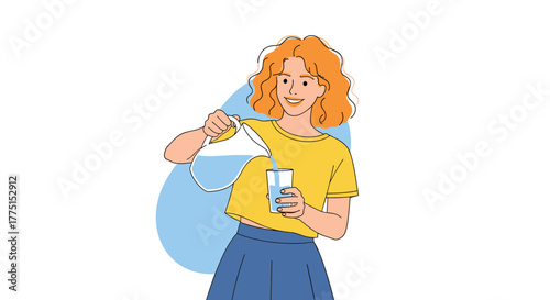 A happy young woman with red curly hair smiles while pouring fresh water from a pitcher into a glass, promoting healthy hydration.