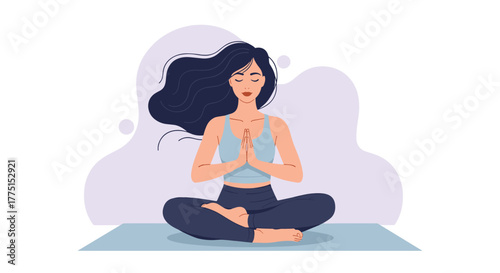 Calm woman in activewear meditating peacefully on a yoga mat, embodying mindfulness, relaxation, and inner harmony.