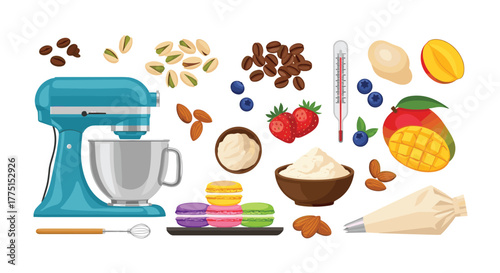 Assortment of baking ingredients and kitchen tools featuring a stand mixer, fresh fruits, nuts, coffee, cream, and colorful macarons.
