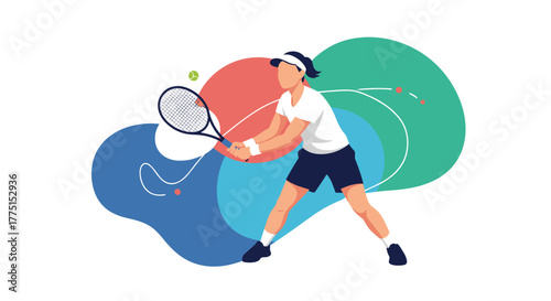 A female tennis player in athletic attire, holding a racket in a ready position, preparing to hit the ball in a dynamic, abstract setting.