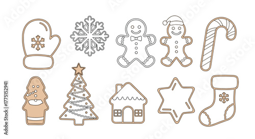 A festive collection of various Christmas-themed gingerbread cookie outlines, perfect for holiday crafting and decoration.
