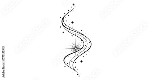 Elegant black and white swirling lines with scattered stars and dots create a magical, ethereal trail, perfect for decorative and mystical themes.