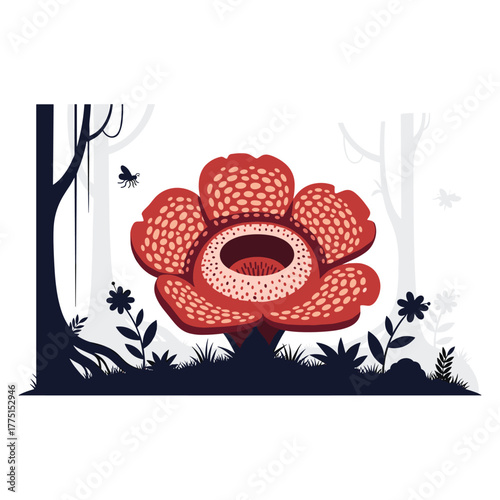 A striking illustration of a giant red Rafflesia flower blooming in a mysterious jungle environment with silhouetted trees and flying insects.