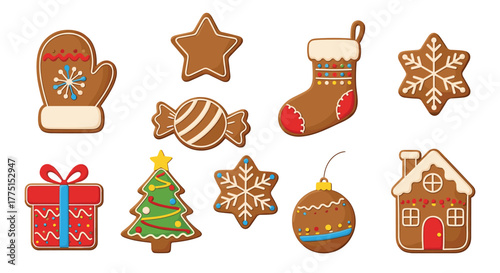 A delightful collection of festive gingerbread cookies featuring classic Christmas shapes and charming icing decorations on a white background.