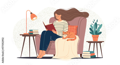 A young woman enjoys a tranquil moment reading a book in a comfortable armchair at home, with her cat, a blanket, and soft lamp light.