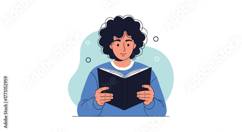 An illustration of a person with dark, curly hair reading a book, surrounded by subtle abstract elements.