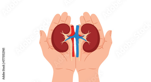 A pair of cupped hands protectively cradling human kidneys with their renal artery and vein, symbolizing kidney health and care.