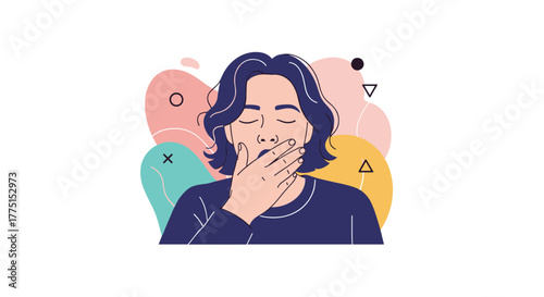A sleepy young person yawns with closed eyes, covering their mouth with a hand, indicating tiredness or boredom.