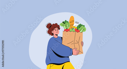 Smiling woman holding a brown paper bag full of various groceries like fresh vegetables, bread, and a carton.