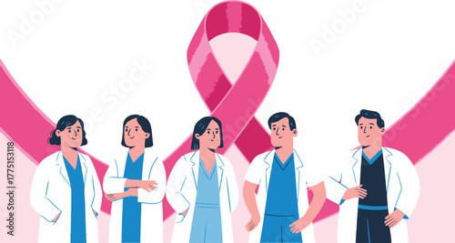 Medical Team Supporting Breast Cancer Awareness with Pink Ribbon in an Illustration Style