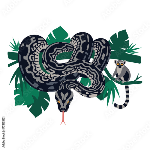 A coiled python with intricate patterns and a ring-tailed lemur in a vibrant jungle setting with lush green leaves.