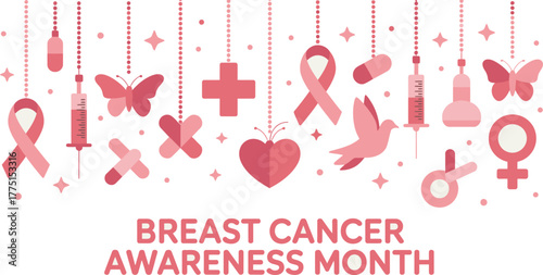 Pink Breast Cancer Awareness Month Featuring Butterflies, Ribbons, Syringes, Dove, Pill, Heart, Medical Cross