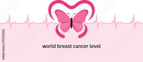 Pink Butterfly Inside Breast Cancer Ribbon with ECG Wave, World Breast Cancer Level Visualization