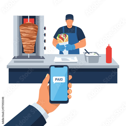 A customer makes a digital payment for a delicious shawarma sandwich from a street food vendor preparing the order.